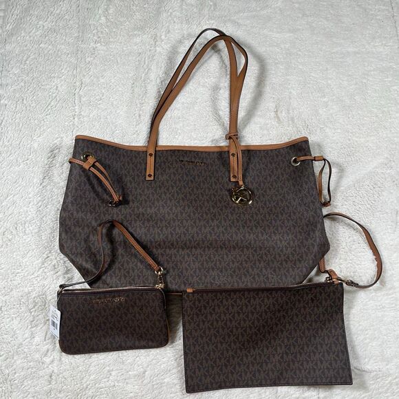 Michael Kors Monogram 3 Piece Jet Set Brown Tote Wristlet Reversible Shoulder Ba - Picture 1 of 16